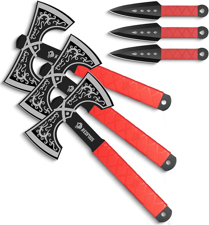NedFoss Throwing Knife and Throwing Axe Set 11.6 Throwing Axes and Tomahawks Viking Double Bit Tear-Resistant TPR Handle Throwing Axe for Axe Throwing Game (Throwing Combo)