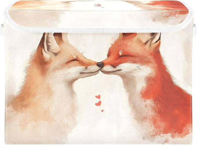 AIXIWAWA Lidded Storage Cube (Love Foxes) Fabric Foldable Closet Bins with Flip Lid and Handles Organizer Basket Container 16.5 x 12.6 x 11.8 IN