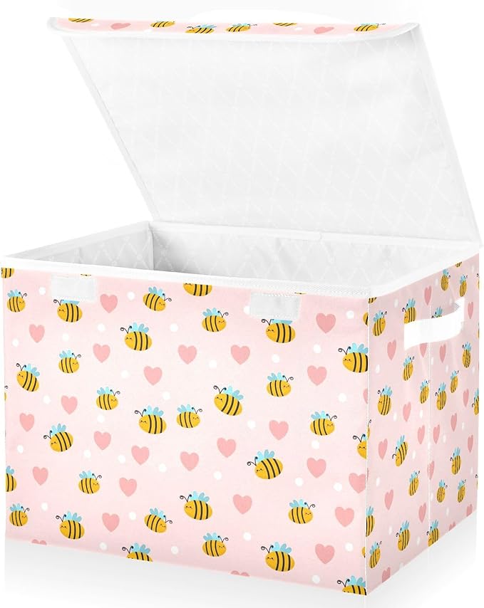 Honey Bee Lidded Home Storage Bins Closet Storage Bins Foldable Oxford Fabric Storage Box for Home Bedroom Closet Office (16.5x12.6x11.8 in)