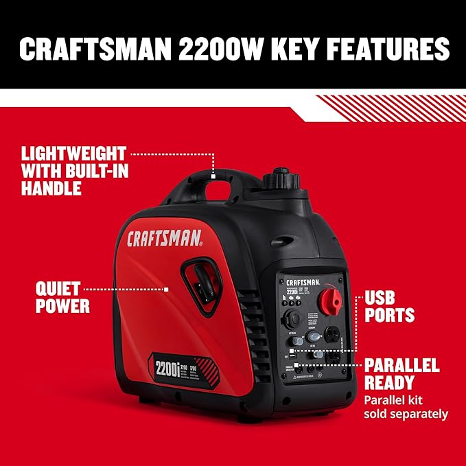 Craftsman C0010020 2200-Watt Gas Portable Generator - Quiet &amp Powerful - Clean Power for Sensitive Electronics - Compact &amp Lightweight Design - Powered by Generac - 50-State/CARB Compliant