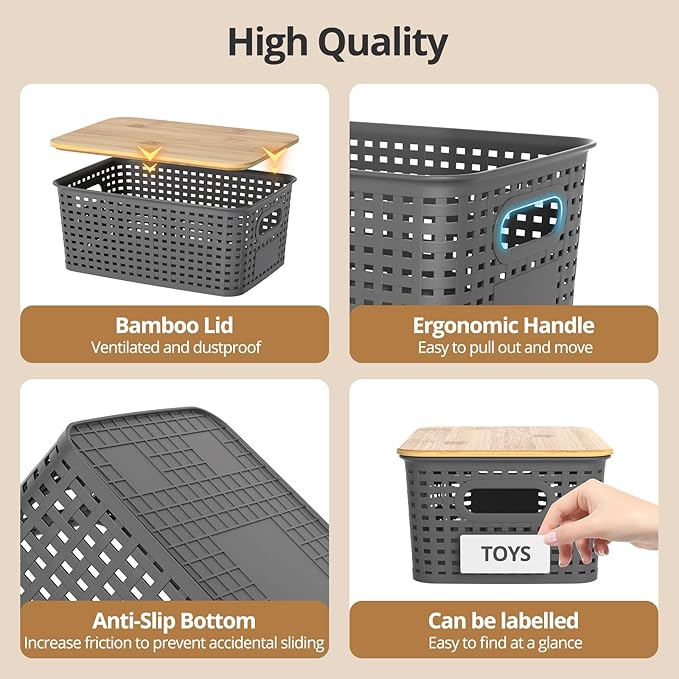 Plastic Storage Baskets with Bamboo Lids Stackable Small Box Bins for Organizing and Containers for Shelves Drawers Desktop Closet Pantry Classroom Office Home 6 Pack 10.2x7.2x4.1 Inch Gray