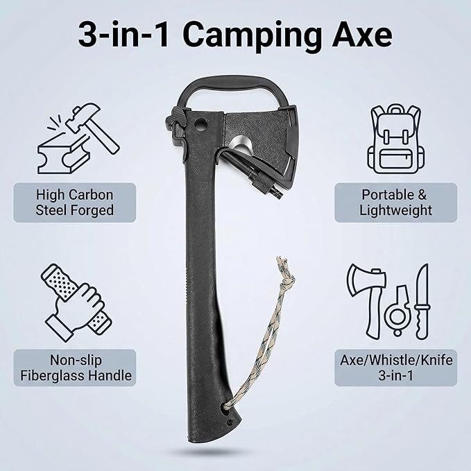 Camping Axe Survival Hatchet 4 in 1 Full Tang Tactical Axe with Durable Steel Head &amp Non-Slip Grip Handle for Camping Survival Landscaping