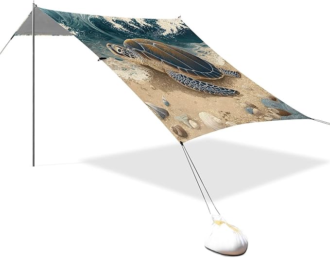 ALAZA Sea Turtle Beach Beach Tent Sun Shelter UPF50+ Protection Beach Shade Canopy w/ 4 Sandbags for Outdoor Camping Fishing Backyard Fun Picnic 10x9 ft