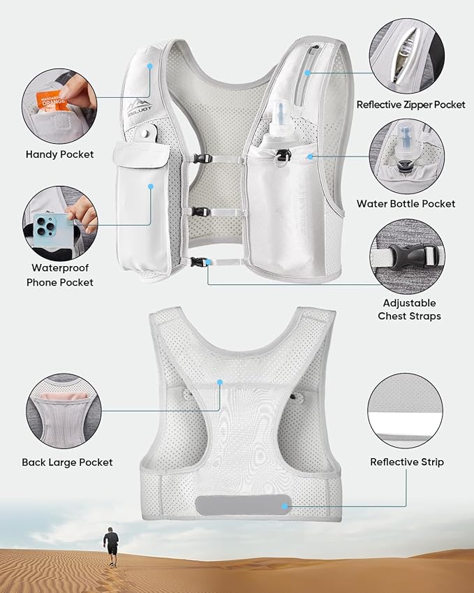 Zelvot Running Vest for Women Men USA Original Patent Adjustable Chest Straps Running Hydration Vest with 500ml Soft Flask Lightweight Reflective Hydration Backpack for Marathon