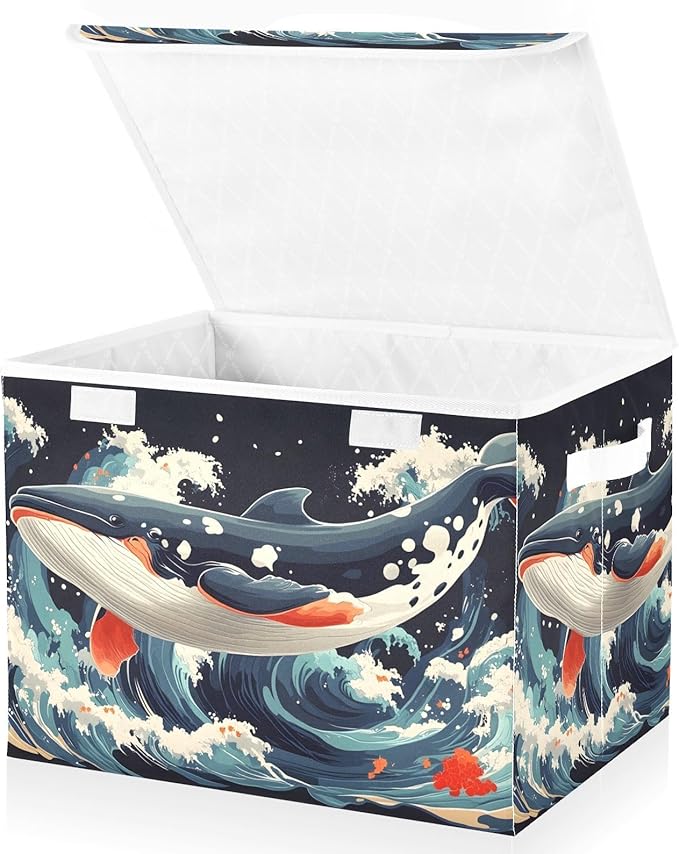 Storage Cube with Lid Japanese Whale Print 16.5×12.6×11.8 IN 1 Pack Collapsible Large Capacity Foldable Storage Basket Bin Organizer