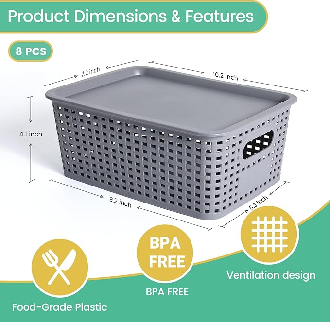 Plastic Storage Baskets with Lid-Plastic Storage Containers Stackable Storage bins: Storage Baskets for Organizing Shelves Drawers Desktop Closet Playroom Classroom Office8 Pack-Gray10.2x7.2x4.1Inch