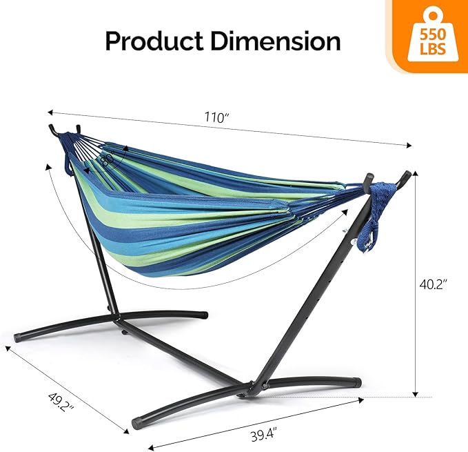 ONCLOUD 550 LB Capacity Double Hammock with Stand – Portable Bag Included (Blue Green Stripe)