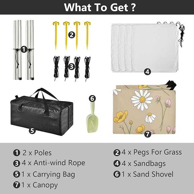 xigua Wildflowers Beach Tent Sun Shelter with Carrying Bag - Silver Coated Oxford Fabric Beach Canopy for Beach Camping Fishing - Includes Windproof Ropes Sandbags &amp Stakes