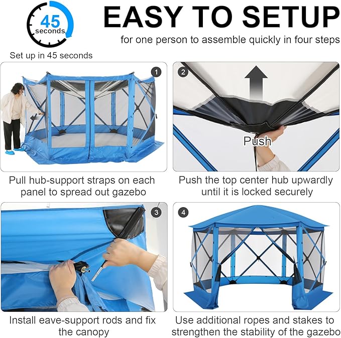 COBIZI 12x12FT Pop Up Gazebo Screen Tent Screen House for Camping Screen Room with Mosquito Netting Hub Tent Instant Screened Canopy with Carrying Bag and Ground Stakes Blue(Upgraded)