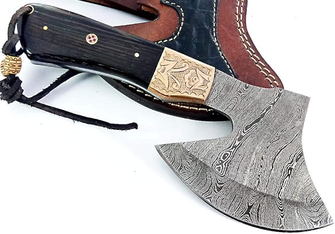 Dessi Handmade Damascus Steel Axe Hatchet Wenge Wood Handle Brass Engraved Bolster Leather Sheath Camping Bushcraft EDC Tomahawk Gift Men SM45