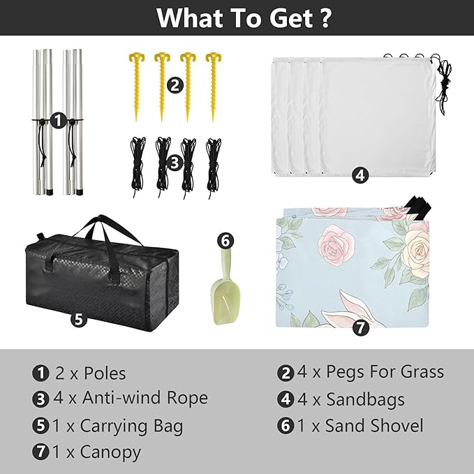 Bunny Beach Canopy Sun Shelter with Sandbags &amp Sand Shovel &amp Windproof Ropes - Portable 110x126 Beach Shade Beach Tent for Camping Picnics