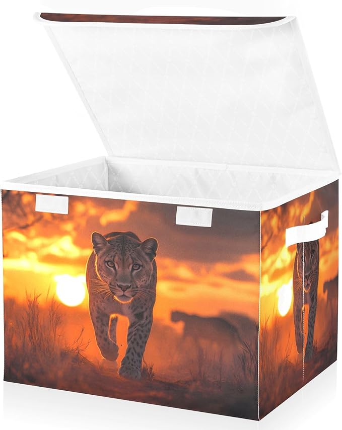 Storage Cube with Lid Sunset Lion Print 16.5×12.6×11.8 IN Collapsible Large Capacity Foldable Storage Basket Bin Organizer