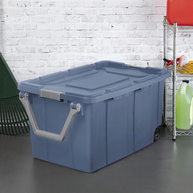 40-gallon wheeled industrial storage bins 2 count rugged plastic latch lid storage totes blue wheeled bulk storage bins