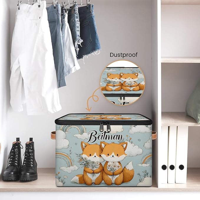 Storage-Bins with Lids Handle Customized Stackable-Storage-Bin for Kids-Boys-Girls-Toys Cube Collapsibl Basket Fox Floral