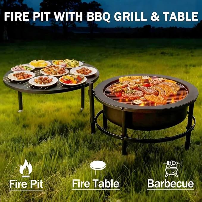 Fire Pits for Outside Wood Burning Large Outdoor Fire Pit Stove with Roating Table and BBQ Grill Cold Finished Steel Round Firepit Bowl with Poker Waterproof Cover Grill Brush