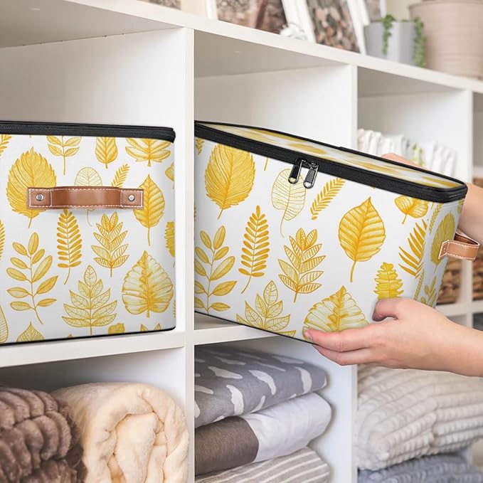 Storage Bins with Lids Beautiful Leaves Print Storage Basket Clothes Organizer with Handles Closet Storage Containers for Clothing Bedding Blanket