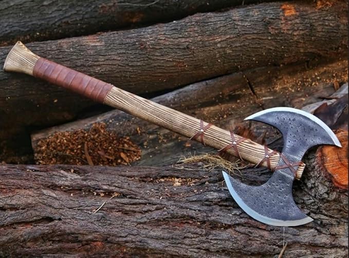 Hand Forged Carbon Steel Medieval Warrior Double Head Axe Viking Double Sided Axe with Ash Wood Handle and Leather Sheath Best for Hunting Camping and Collection