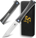Sitivien ST994 Folding KnifeHandmade M390 Brushed Steel Blade Titanium Carbon Fiber Handle EDC Tool Knife for Outdoor Camping Hiking Survival Working(Gray)