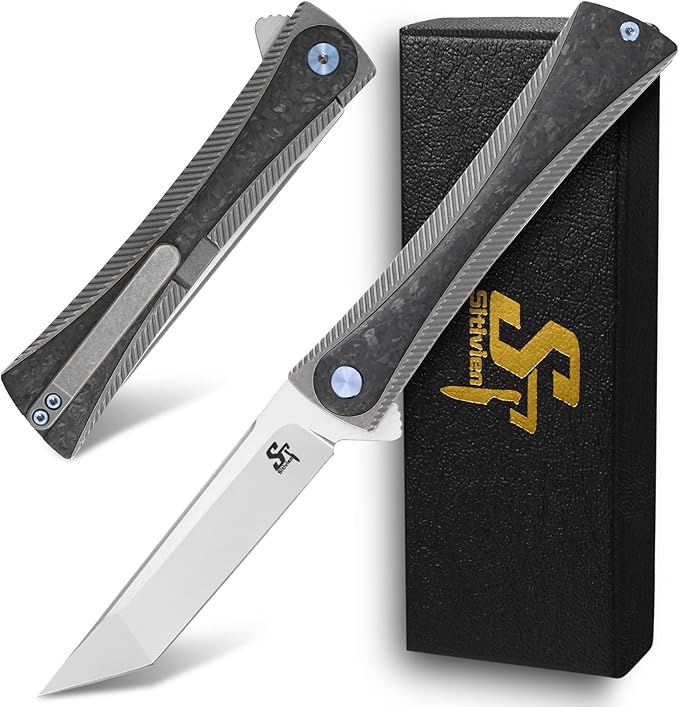 Sitivien ST994 Folding KnifeHandmade M390 Brushed Steel Blade Titanium Carbon Fiber Handle EDC Tool Knife for Outdoor Camping Hiking Survival Working(Gray)