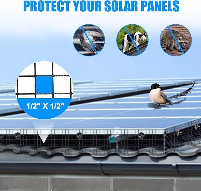 6in X 100ft Solar Panel Bird Guard - 1/2 Black PVC Mesh Galvanized Rust-Resistant Net Critter Guard for Solar Panels with 70 Fastener Clips Gloves Cutting Pliers