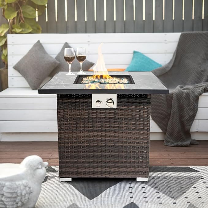 30'' Propane Fire Pit Table Marble Textured Ceramic Tabletop 50000 BTU Fire Table with Brown Wicker Mix Color Glass Rocks Including Lid&ampCover Square