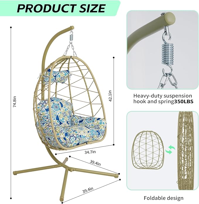 Hanging Egg Chair with Stand Outdoor Indoor Patio Rattan Swing Hammock Chairs with Washable Cushion PE Wicker Swing Chair for Backyard Bedroom Garden (Cyan + Floral Cushion No Footrest)
