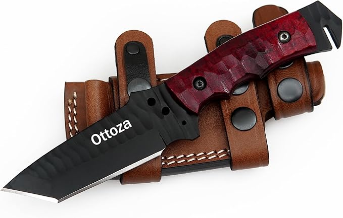 Ottoza Tanto Tactical Knife with Fixed Blade and Horizontal Carry Leather Sheath - Compact Military EDC Knife - Dark Red Micarta Handle 381