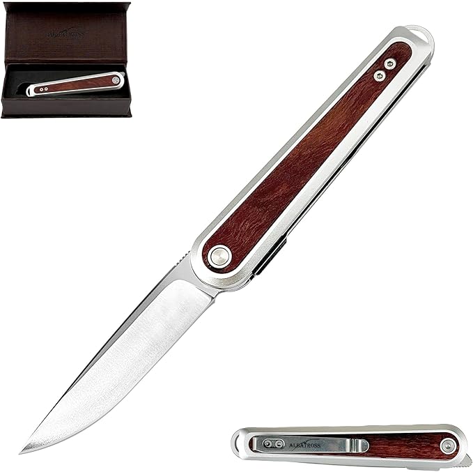 ALBATROSS Refined Choice Men's Women's Folding Pocket Knife 3.3 Satin D2 Blade Silver Aluminum &amp Wood Inlay Reversible Clip Artisan EDC Fathers Day Mothers Day Gifts