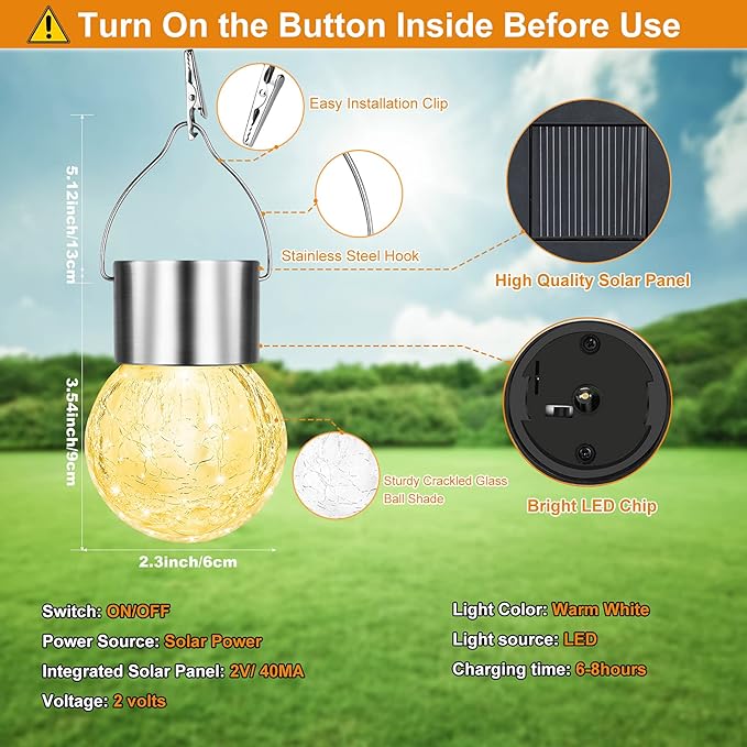 12Pack Hanging Outdoor Solar Lights - Decorative Cracked Glass LED Ball Lights Waterproof Tree Solar Powered Globe Lights with Handle for Garden Yard Patio Fence Christmas Decoration Warm White