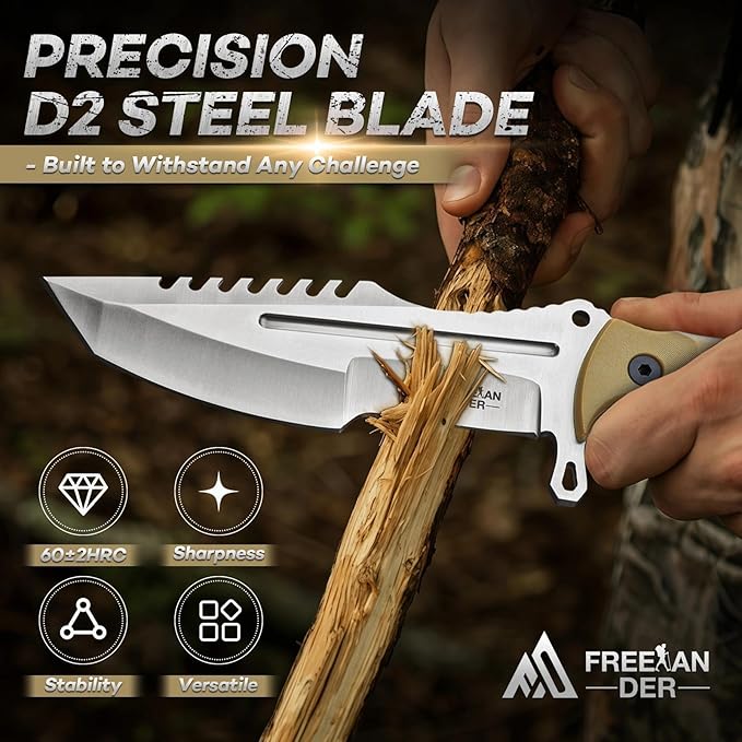 Freelander Fixed Blade Knife with Sheath Full Tang D2 Steel Survival Knife Camping Bushcraft Knives with Ergonomic Handle Outdoor Knives for Men