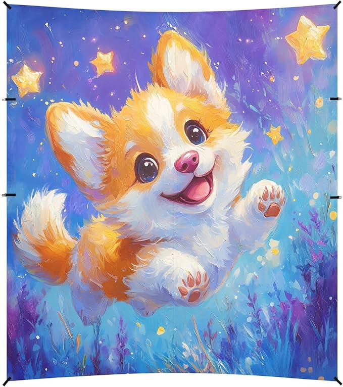 ALAZA Cute Corgi Dog Puppy Starry Beach Tent Sun Shelter UPF50+ Protection Beach Shade Canopy w/ 4 Sandbags for Outdoor Camping Fishing Backyard Fun Picnic 10x9 ft