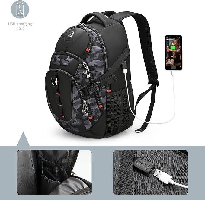 Swissdigital Design Laptop Backpack with USB Charging Port Travel Backpack Fits 15.6 inches Computer 31L College School Backpack for Men Gray Camo | SD803-91