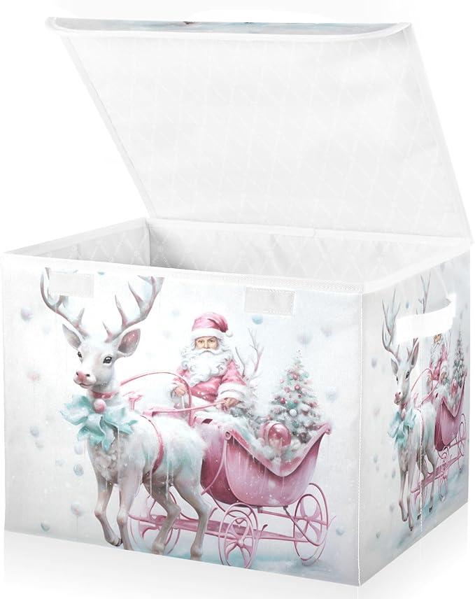 Christmas Baskets Collapsible Storage Bins with Lids Christmas Santa Claus Pink Reindeer Storage Boxes Clothes Baskets for Organizing