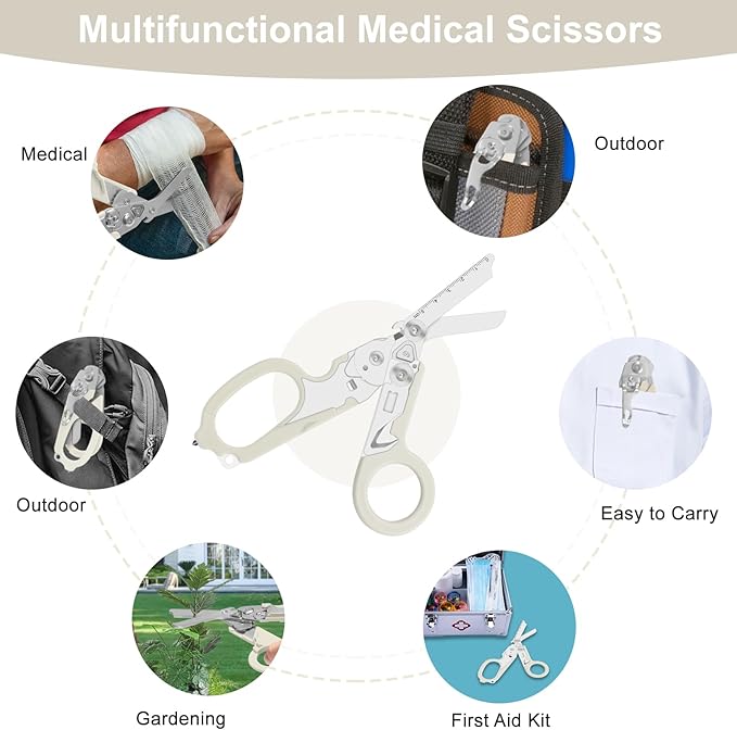 6 in 1 trauma shears folding emergency shear Outdoor Camping Tools Seat Belt Cutter Oxygen Cylinder Wrench Complimentary Adjustable Wrench (Luminous Silver)