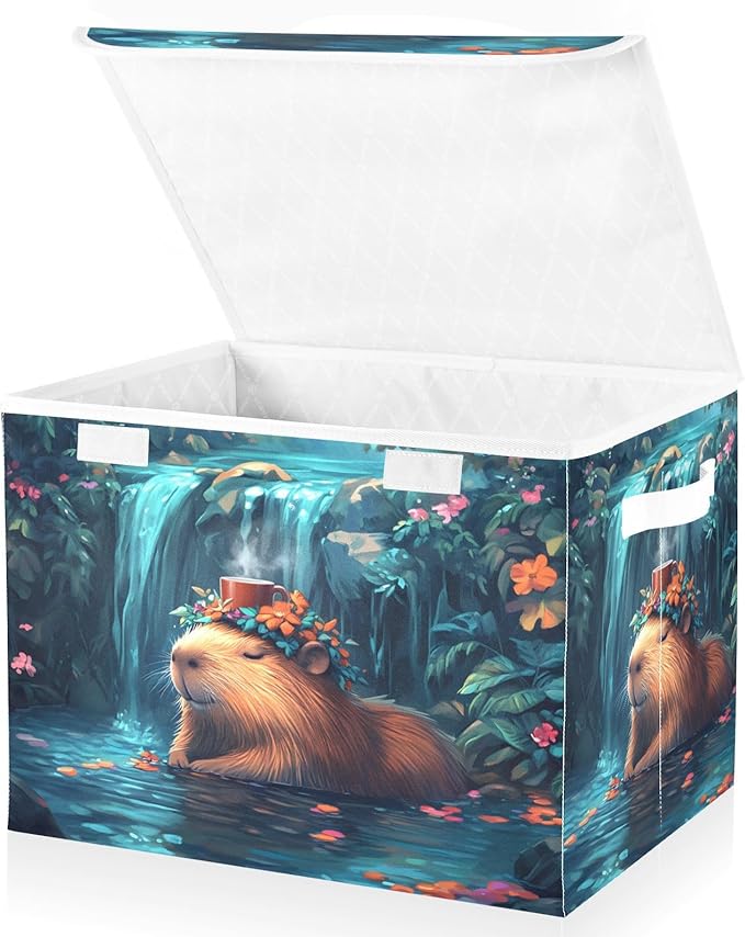AIXIWAWA Lidded Storage Cube (Cute Peaceful Capybara) Fabric Foldable Closet Bins with Flip Lid and Handles Organizer Basket Container 16.5 x 12.6 x 11.8 IN