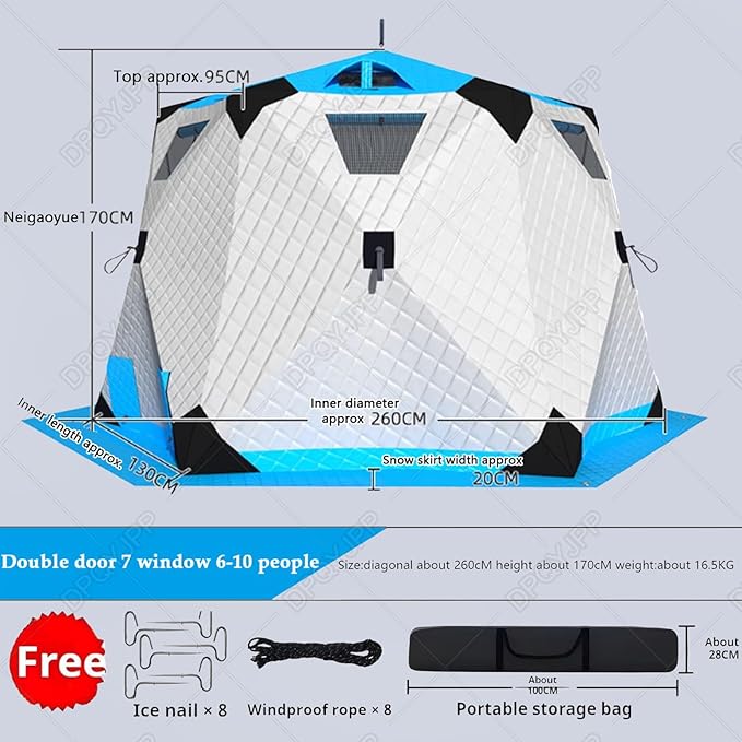 Winter Fishing Tent Fishing Tent pop up ice Fishing shelter with Stove Jack and Floor Portable ice Fishing Tent 420d Insulated Layer ice shanty Hexagon ice Huts Brown