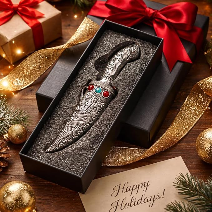 Fixed Blade Tanto Knife with Dragon Metal Sheath Compact Japanese Style Camping Knife Collectible EDC Knife with Gift Box for Men