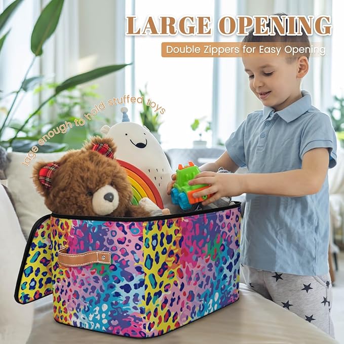 Storage Bin with Lid Leopard Stackable Closet Storage Bins Decorative Bedroom Organizer Box Lidded Baskets Living Room Storages Boxes Cube Organizer Cute Container with Handles
