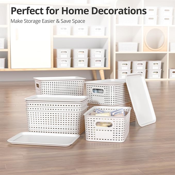 Plastic Storage Basket with Lid Stackable Small Box Bins for Organizing and Containers for Shelves Drawers Desktop Closet Playroom Pantry Classroom Office Home 8 Pack 10.2x7.2x4.1 Inch White