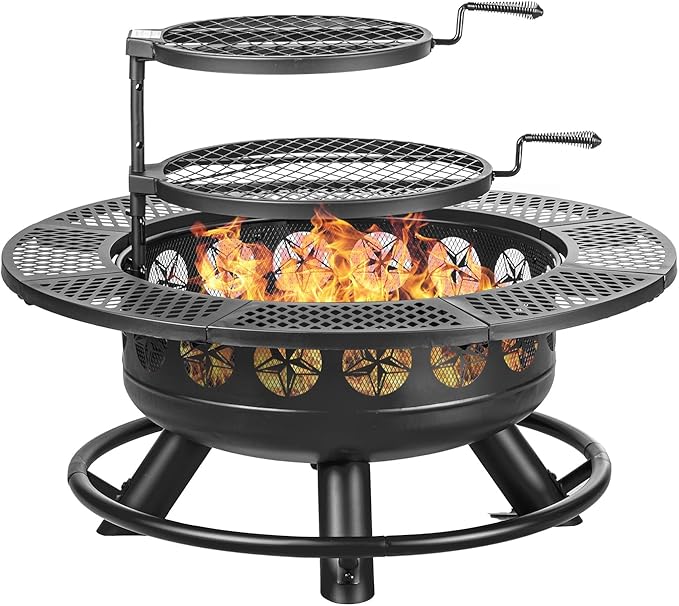 36 Inch Fire Pit with 2 Cooking GrillsOutdoor Wood Burning BBQ Firepit with Lid 3-in-1 Outdoor Fire Pit for Backyard Deck Bonfire Patio Picnic(Black)