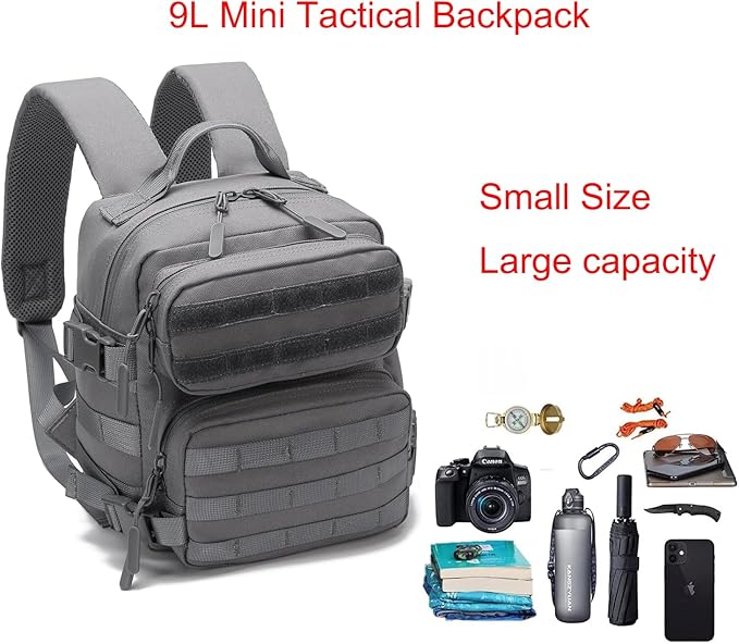 9L Mini Tactical Backpack Men Women Small Assault Rucksack Water-proof GYM Hiking Bug Out Bag with molle attachments (Gray)