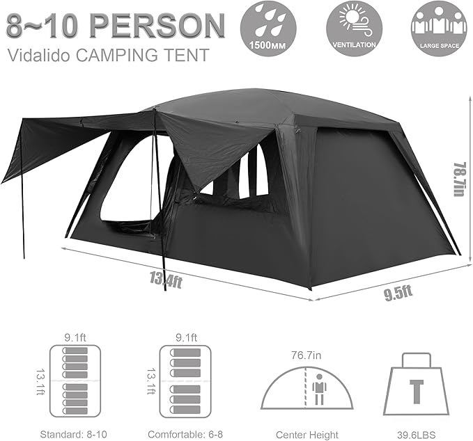 Vidalido 8-10 Person Camping Tent with 3 Door 2 Room Large Family Cabin Tents Double Layer Waterproof Portable Glamping Tent Big Tents for Outdoor Picnic Camping Hiking and Family Gathering