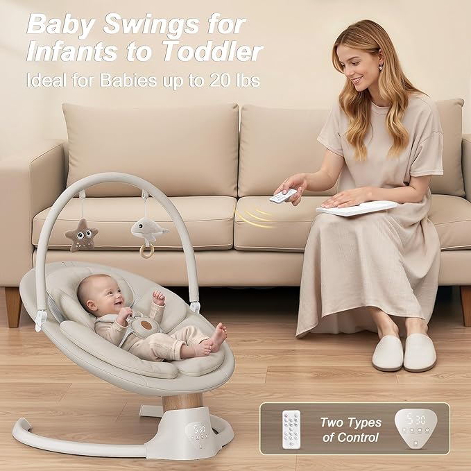Baby Swings for Infants FasonBaby Electric Baby Swing with 10 Preset Melodies 5 Speeds Remote Control and Bluetooth - Portable Infant Swing for Indoor and Outdoor(Beige)
