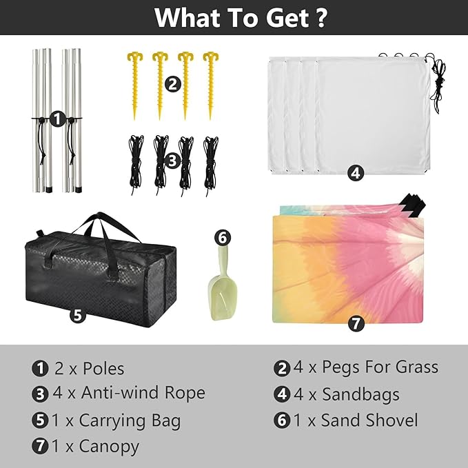 Tie-dye Pattern Bright Colors Tie-dye Background Stable Beach Tent UPF50 Water-Resistant Large Sun Shelter with Sandbags Sand Shovel Poles for Camping Trips Fishing Backyard Fun or Picnics