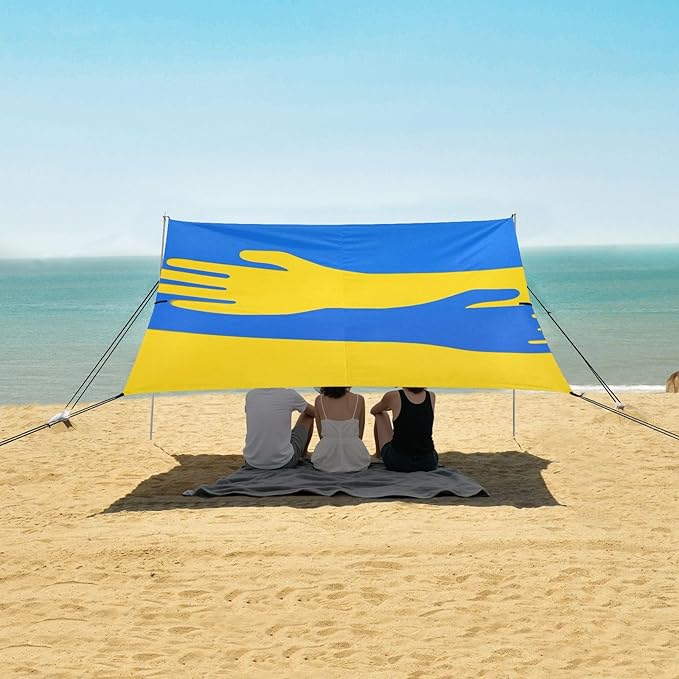 Ukraine Flag Elements Stable Beach Tent UPF50+ Easy Setup Large Sun Shelter with Sand Shovel for Backyard and Camping