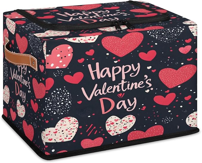 Happy Valentine Storage Bins with Zipper Lid Love Heart Fabric Lidded Storage Baskets Cubes with Handles Decorative Foldable Shelf Closet Organizer Container