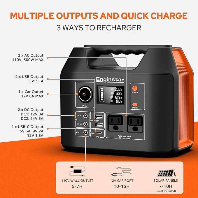 EnginStar Portable Power Station 300W 296Wh Battery Bank with 110V Pure Sine Wave AC Outlet for Outdoors Camping Hunting and Emergency 80000mAh Backup Battery Power Supply for CPAP