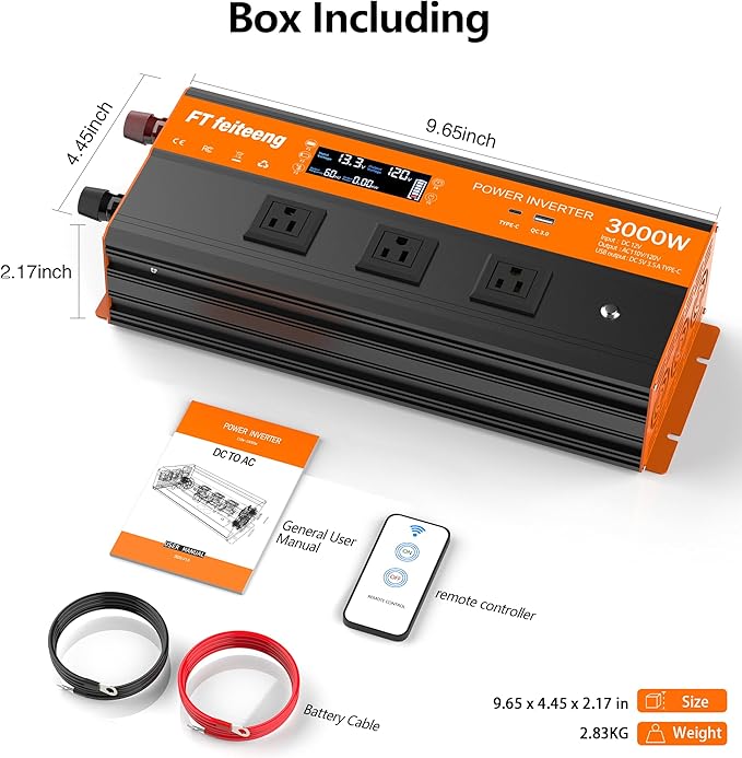 3000W Power Inverter 12v DC to 120v Ac Inverter Power Inverters for Vehicles with LCD Display 3AC Sockets and USB-C &amp QC 3.0 Port with Remote Control for Camping Home Truck Rv Solar System
