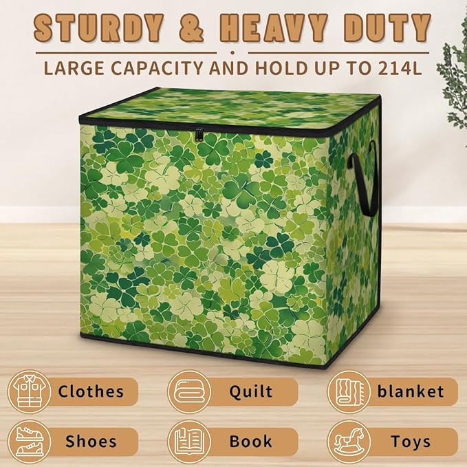XL Large Clothes Storage with Lid Handle St. Patrick's Day Large Thick Clothes Blanket Storage Containers for Organizing Bedroom Closet Comforter Organization Storage Shamrock Clover