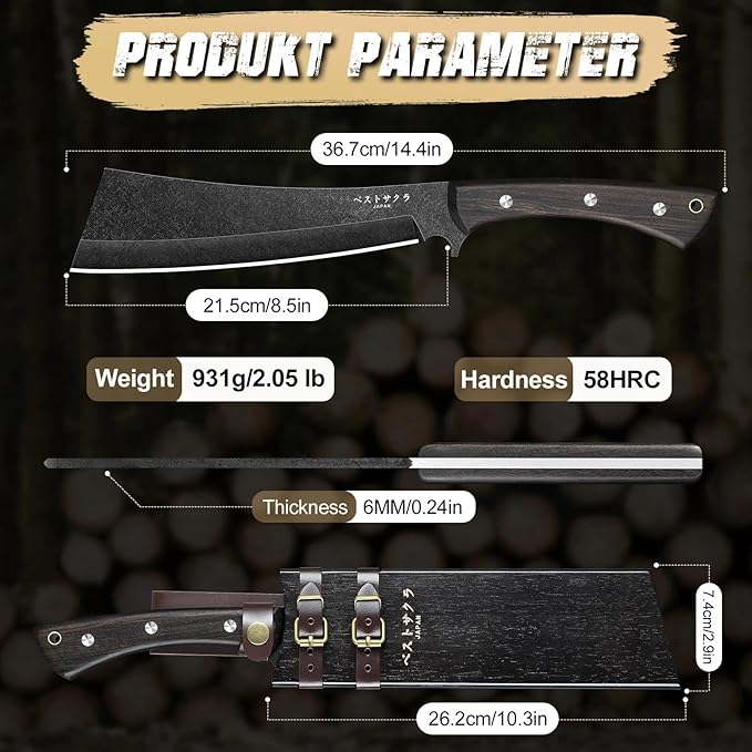Freelander Japanese Machete for Cutting Trees Heavy Duty Full Tang Black Survival Machete Knife with Wooden Sheath for Yard Work Gardening Camping and Bushcraft Gifts for Men